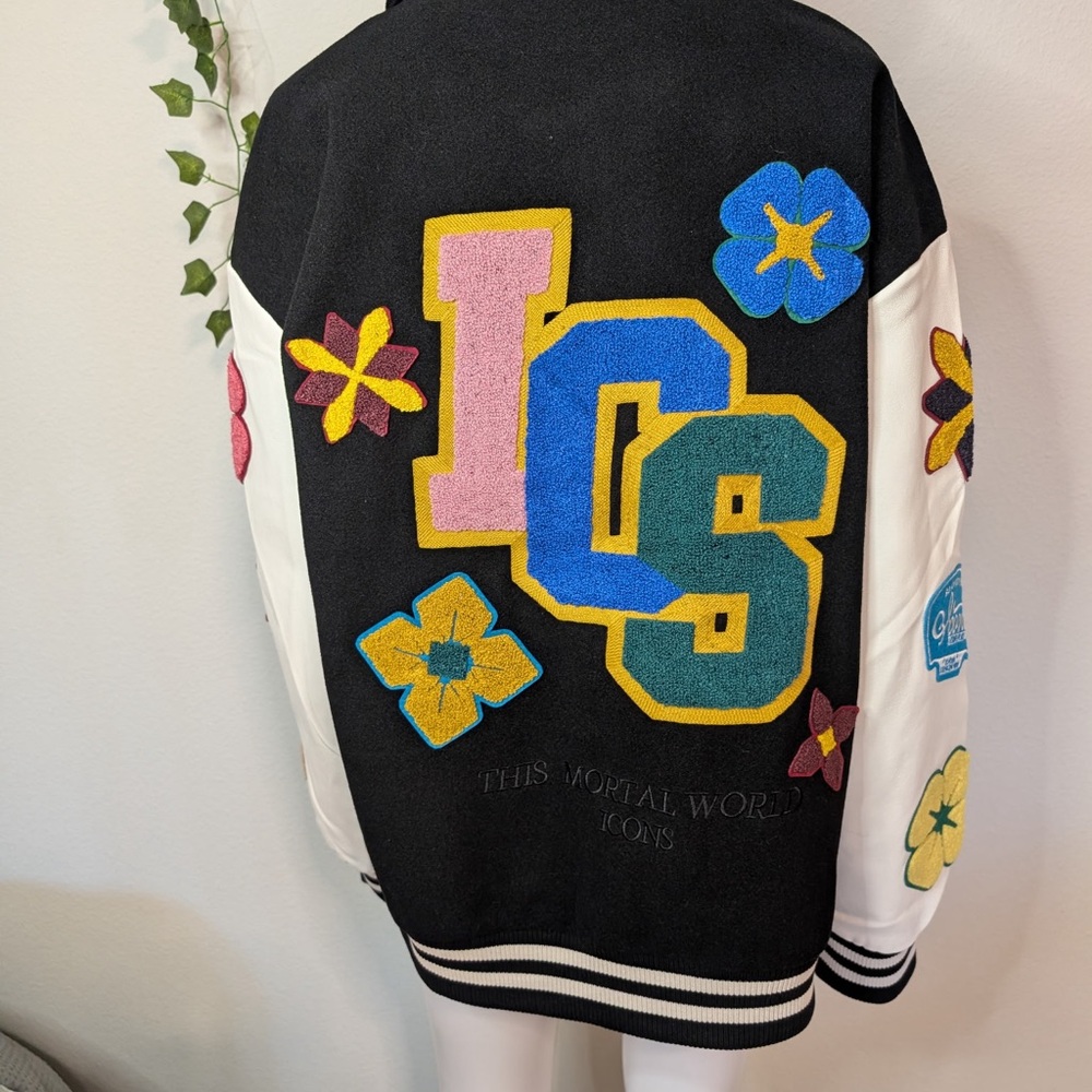 Iconslab Flower Contrast Lapel Baseball Jersey bomber Varsity Jacket NWT - Picture 5 of 10